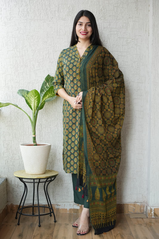 Ajrakh Printed "Stitched" Cotton Suits With Cotton Ajrakh Mulmul Dupatta (ASS13)