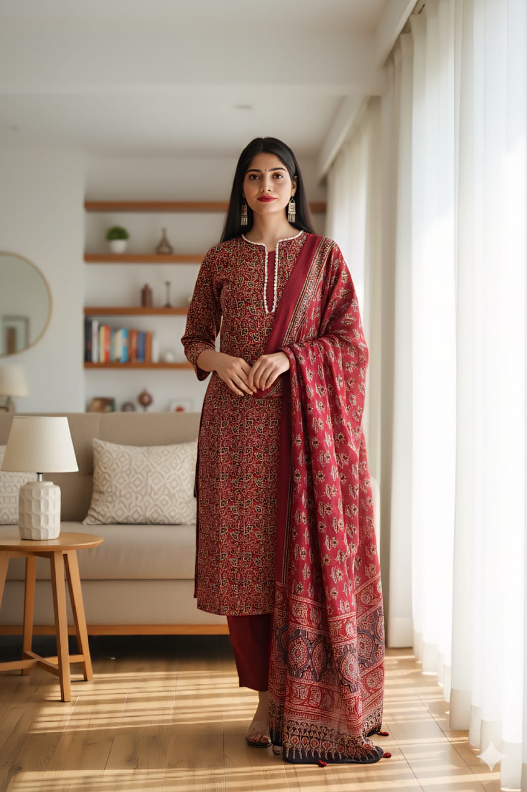 Ajrakh Printed "Stitched" Cotton Suits With Cotton Ajrakh Mulmul Dupatta (ASS11)