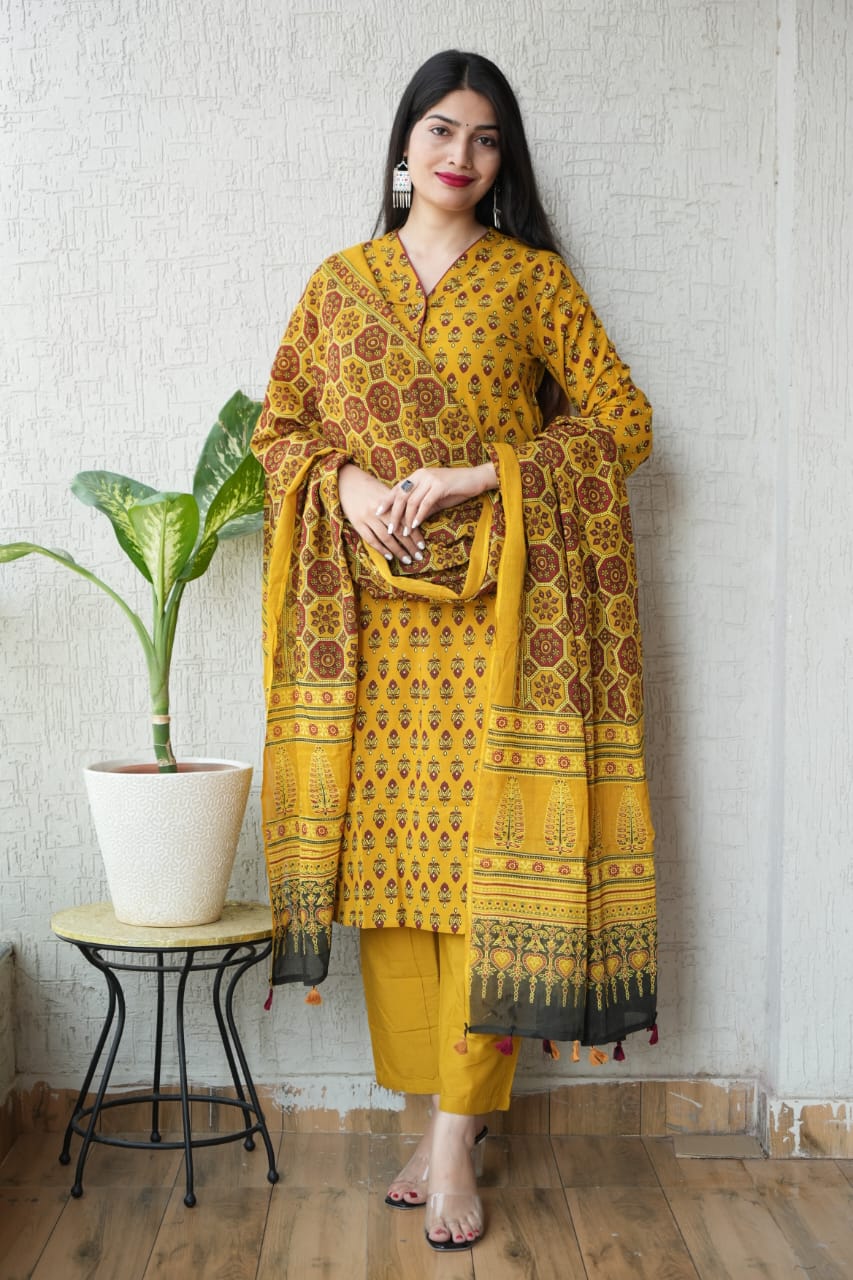 Ajrakh Printed "Stitched" Cotton Suits With Cotton Ajrakh Mulmul Dupatta (ASS12)