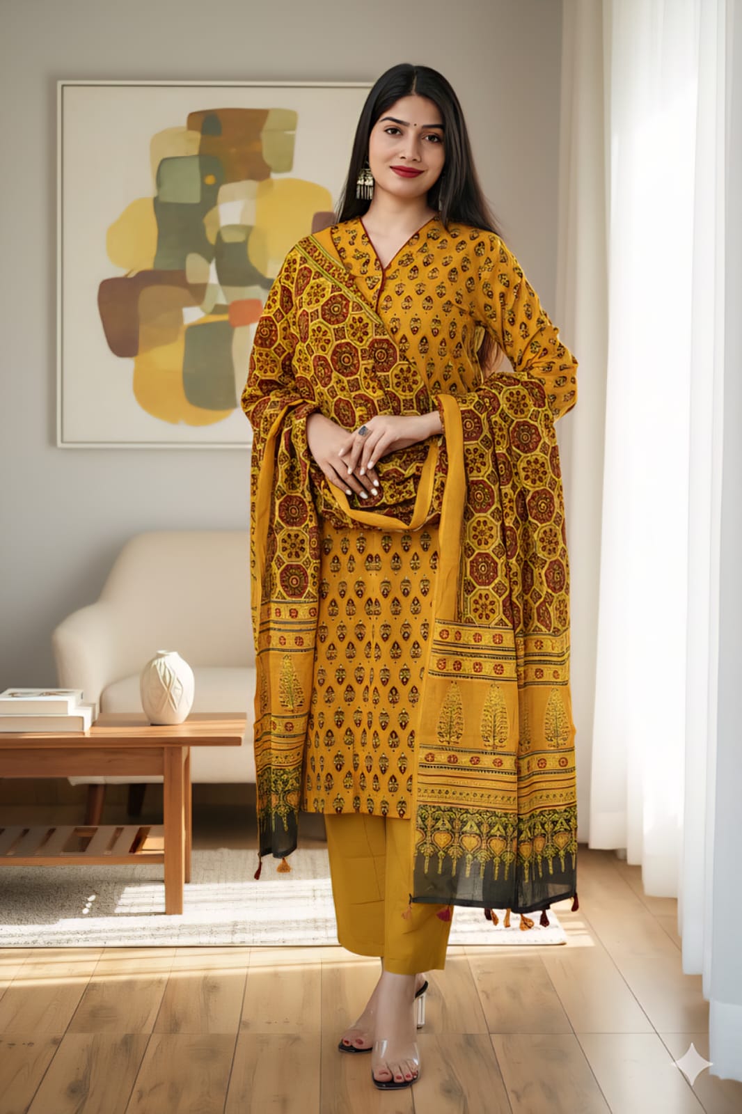 Ajrakh Printed "Stitched" Cotton Suits With Cotton Ajrakh Mulmul Dupatta (ASS12)