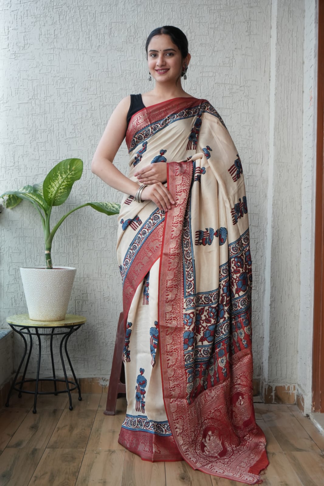 AJRAKH PRINTED PURE DOLA SILK SAREE WITH BLOUSE (MS32)