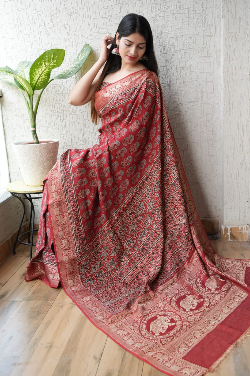 AJRAKH PRINTED PURE DOLA SILK SAREE WITH BLOUSE (MS20)