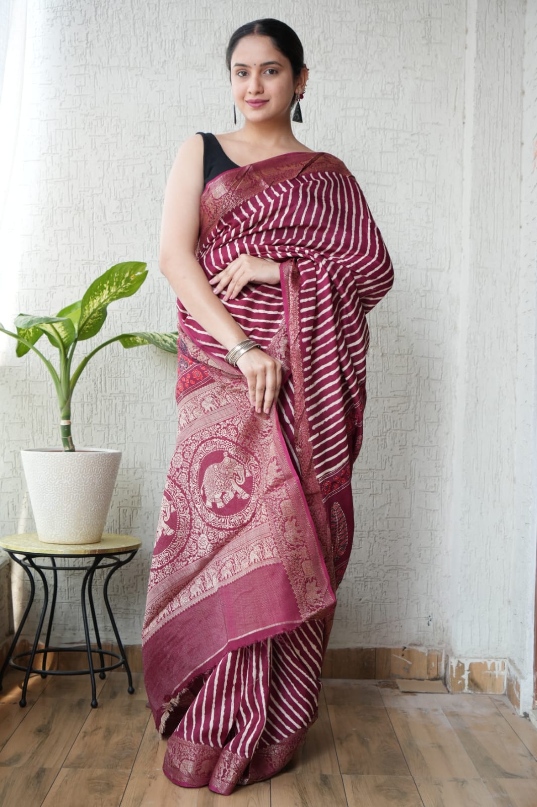 AJRAKH PRINTED PURE DOLA SILK SAREE WITH BLOUSE (MS38)
