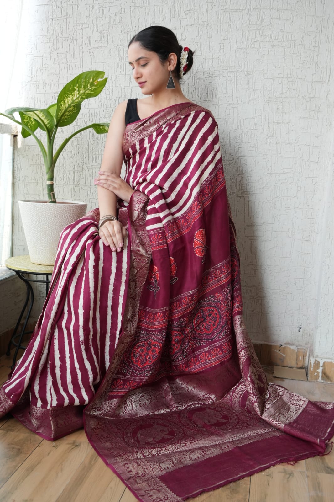 AJRAKH PRINTED PURE DOLA SILK SAREE WITH BLOUSE (MS40)