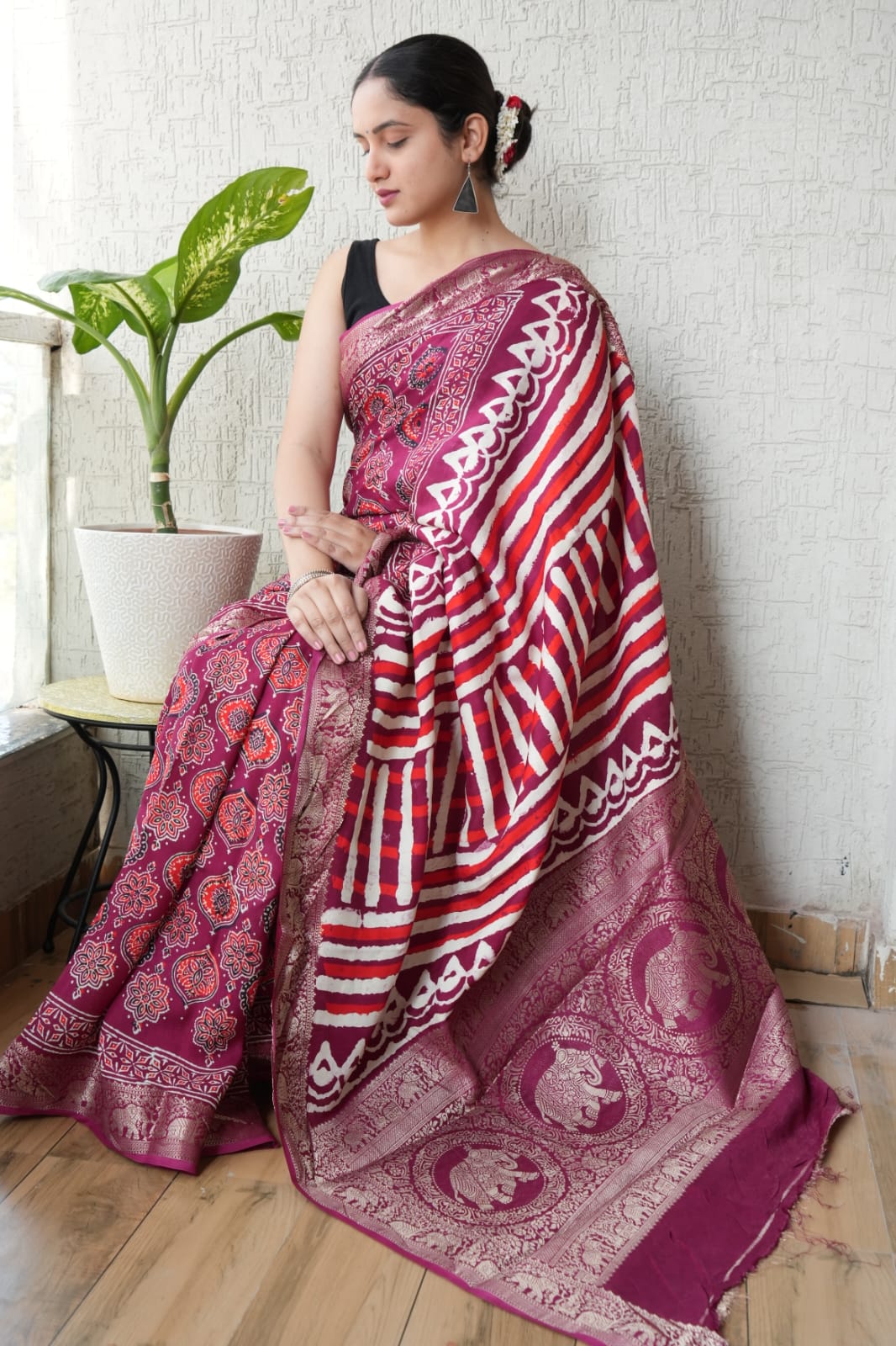 AJRAKH PRINTED PURE DOLA SILK SAREE WITH BLOUSE (MS42)