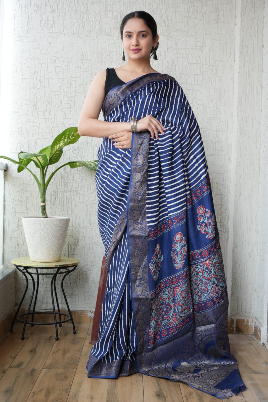 AJRAKH PRINTED PURE DOLA SILK SAREE WITH BLOUSE (MS43)