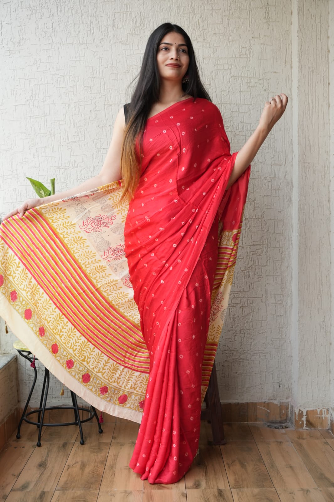 HAND BLOCK PRINTED AJRAKH MODAL SILK SAREE (CIG75)