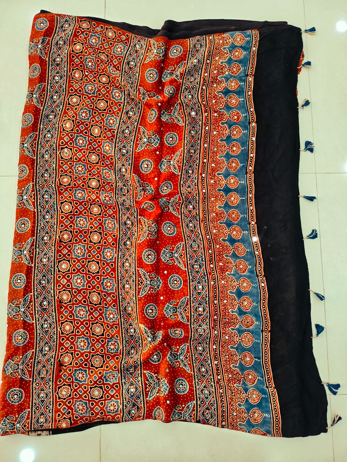 MIRROR WORK HAND BLOCK AJRAKH MODAL SILK SAREE WITH BLOUSE (CIV4)
