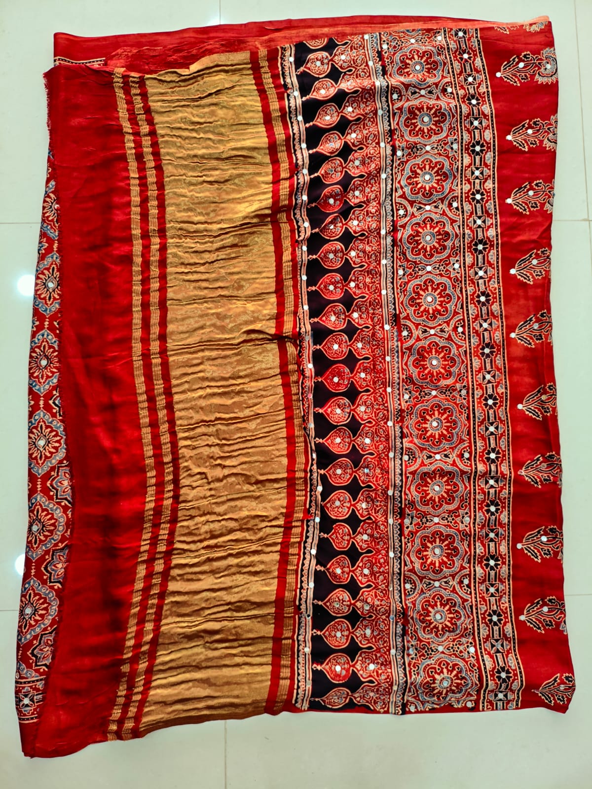 MIRROR WORK HAND BLOCK AJRAKH MODAL SILK SAREE WITH BLOUSE (CIV11)