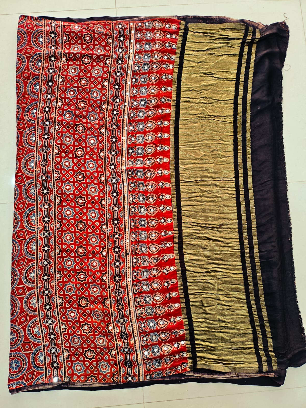 MIRROR WORK HAND BLOCK AJRAKH MODAL SILK SAREE WITH BLOUSE (CIV13)