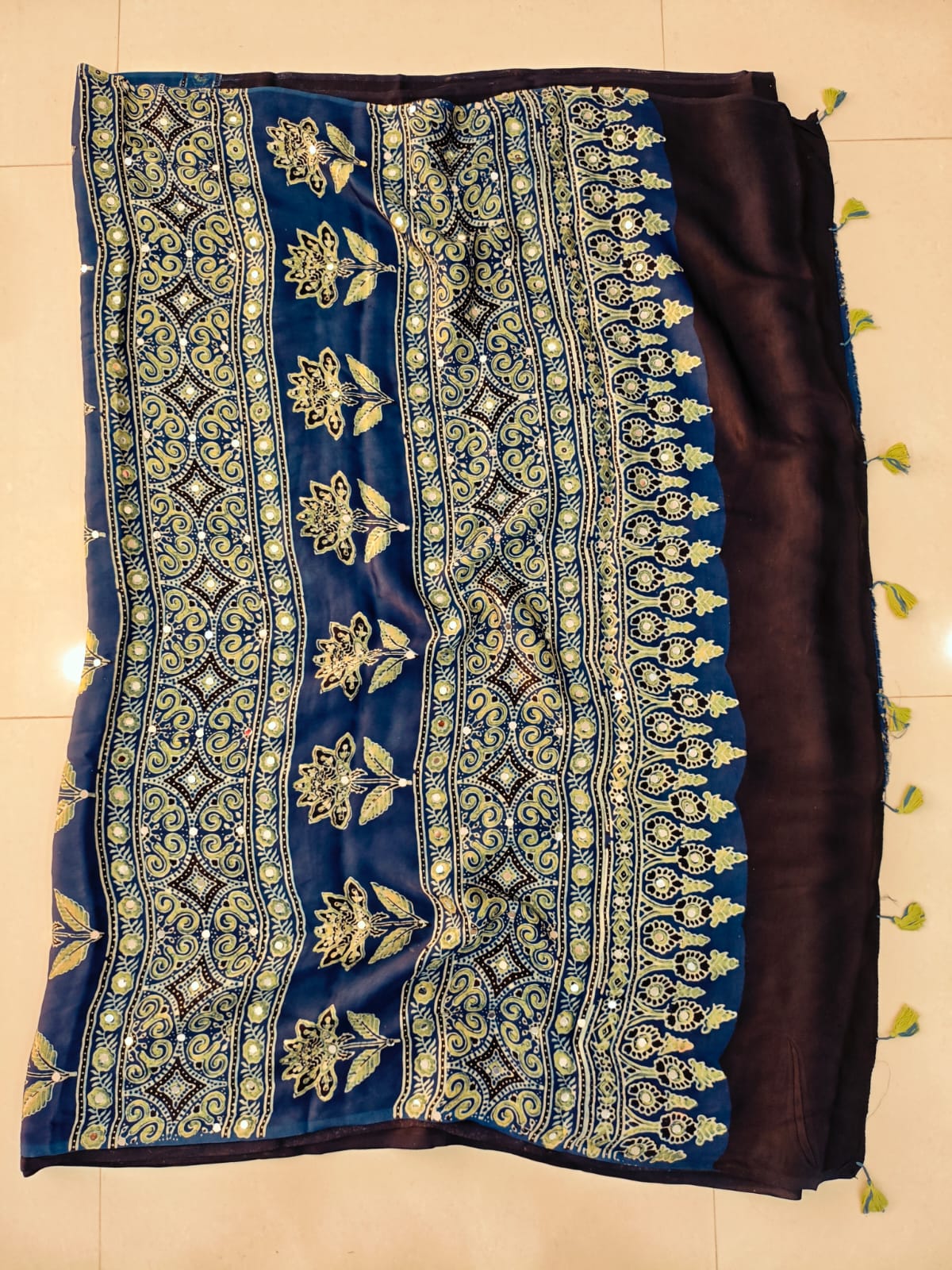 MIRROR WORK HAND BLOCK AJRAKH MODAL SILK SAREE WITH BLOUSE (CIV18)
