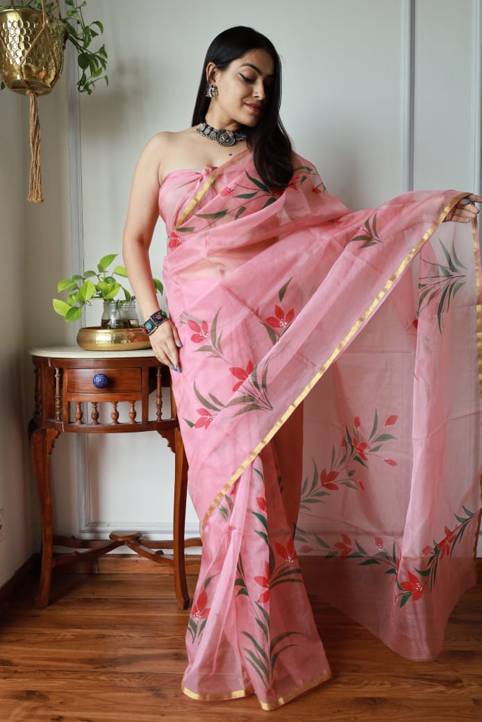 HAND BURSH PAINTED ORGANZA SILK SAREE WITH BLOUSE (CIB36)
