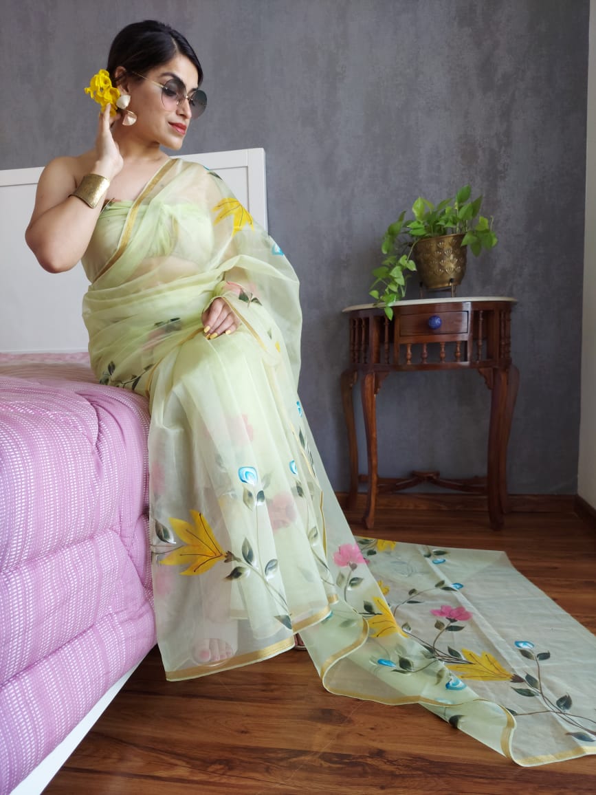 HAND BURSH PAINTED ORGANZA SILK SAREE WITH BLOUSE (CIB39)